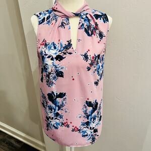Elle Pink Floral Keyhole Front Top Blouse Size XS